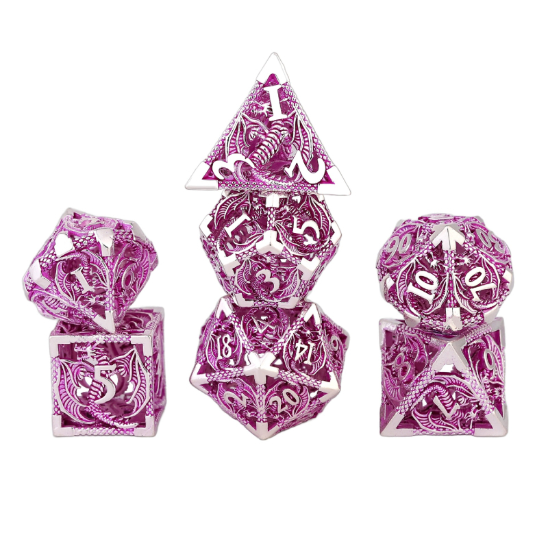 Комплект медни полиедрални зарове за D&D, драконски дизайн, 7 броя