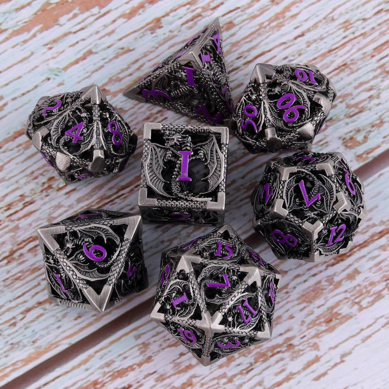 Комплект медни полиедрални зарове за D&D, драконски дизайн, 7 броя
