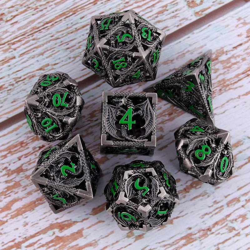Комплект медни полиедрални зарове за D&D, драконски дизайн, 7 броя
