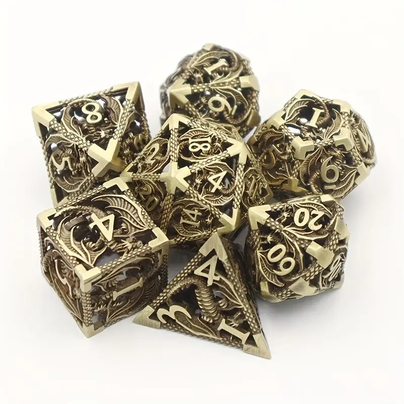 Комплект медни полиедрални зарове за D&D, драконски дизайн, 7 броя