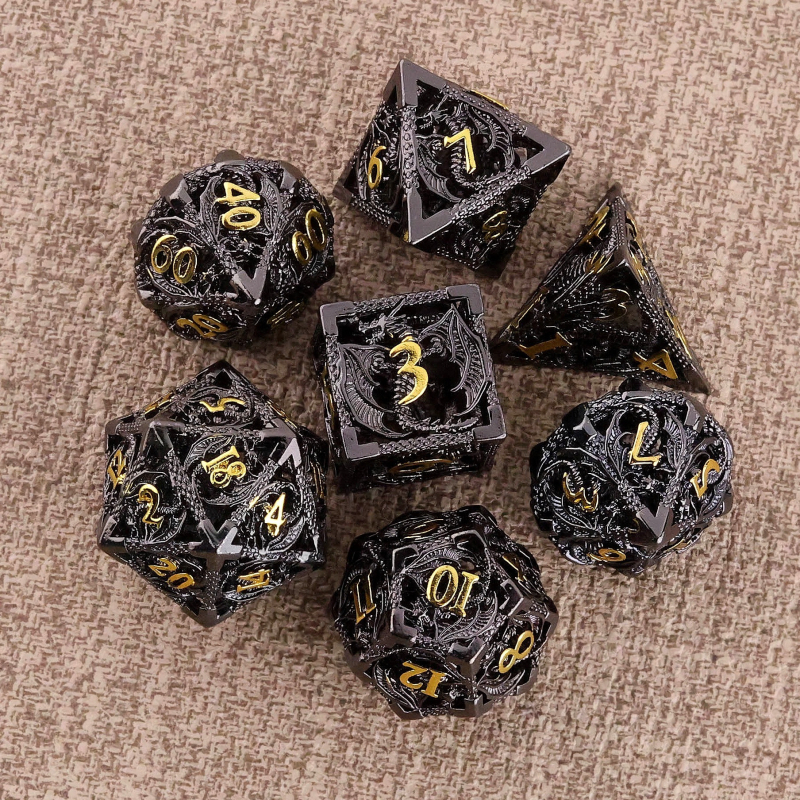 Комплект медни полиедрални зарове за D&D, драконски дизайн, 7 броя