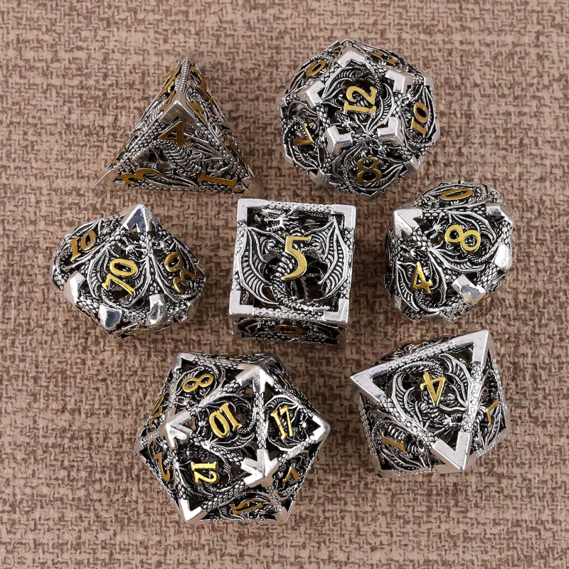 Комплект медни полиедрални зарове за D&D, драконски дизайн, 7 броя