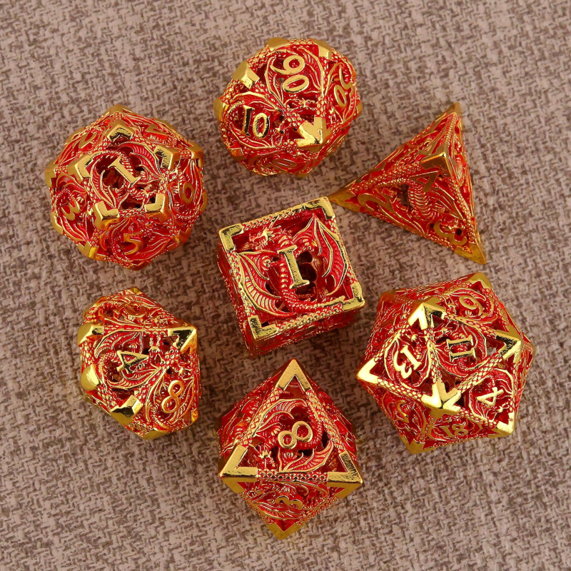 Комплект медни полиедрални зарове за D&D, драконски дизайн, 7 броя