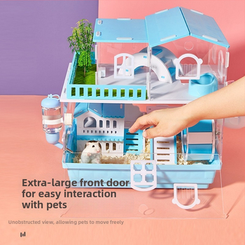 Klietka pre hamstera s dvoj- a trojposchodovým dizajnom, panoramatické priehľadné steny, guľatý tvar, z plastu.