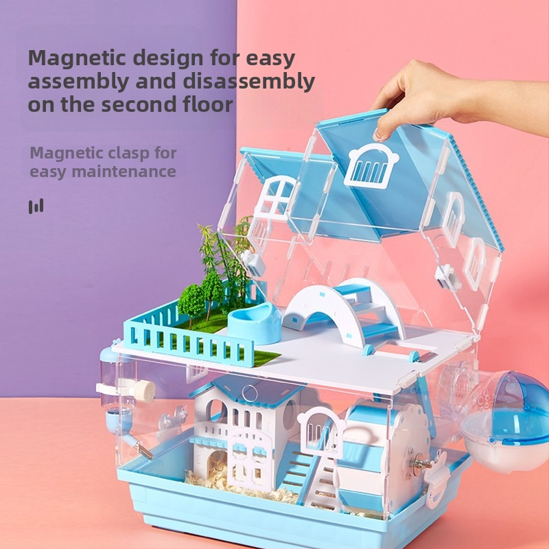 Klietka pre hamstera s dvoj- a trojposchodovým dizajnom, panoramatické priehľadné steny, guľatý tvar, z plastu.