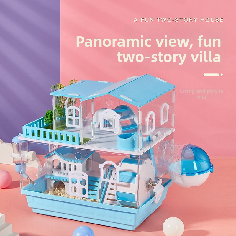 Klietka pre hamstera s dvoj- a trojposchodovým dizajnom, panoramatické priehľadné steny, guľatý tvar, z plastu.