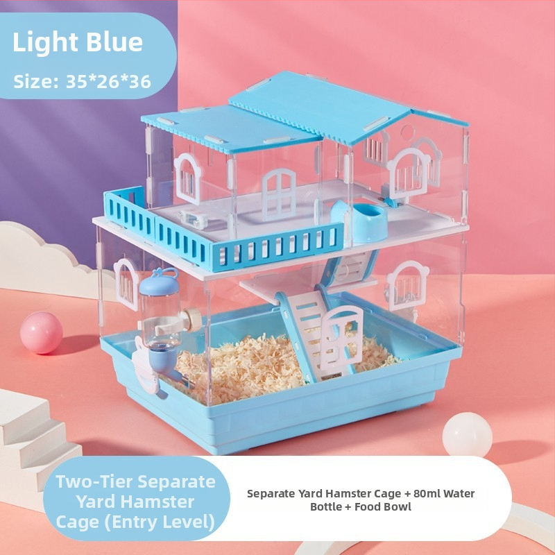 Klietka pre hamstera s dvoj- a trojposchodovým dizajnom, panoramatické priehľadné steny, guľatý tvar, z plastu.