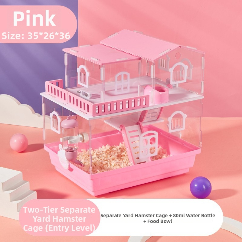 Klietka pre hamstera s dvoj- a trojposchodovým dizajnom, panoramatické priehľadné steny, guľatý tvar, z plastu.