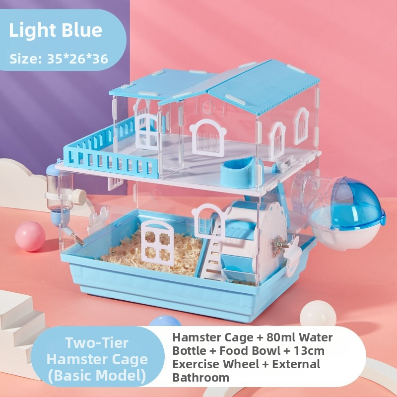 Klietka pre hamstera s dvoj- a trojposchodovým dizajnom, panoramatické priehľadné steny, guľatý tvar, z plastu.