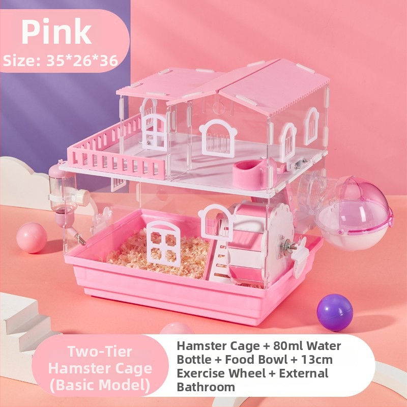 Klietka pre hamstera s dvoj- a trojposchodovým dizajnom, panoramatické priehľadné steny, guľatý tvar, z plastu.