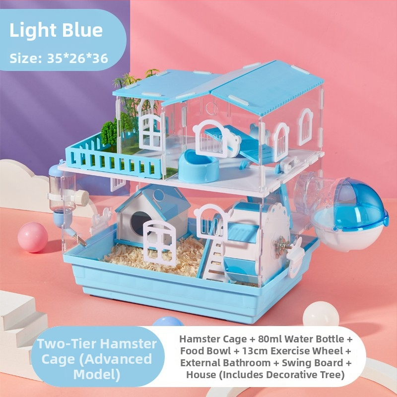 Klietka pre hamstera s dvoj- a trojposchodovým dizajnom, panoramatické priehľadné steny, guľatý tvar, z plastu.