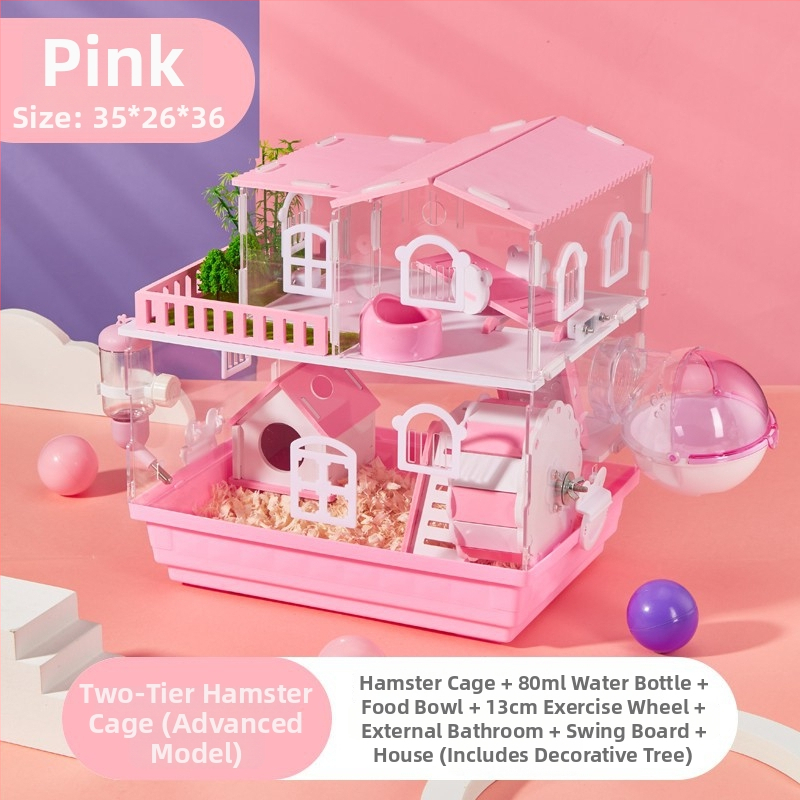 Klietka pre hamstera s dvoj- a trojposchodovým dizajnom, panoramatické priehľadné steny, guľatý tvar, z plastu.