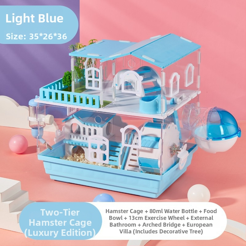 Klietka pre hamstera s dvoj- a trojposchodovým dizajnom, panoramatické priehľadné steny, guľatý tvar, z plastu.