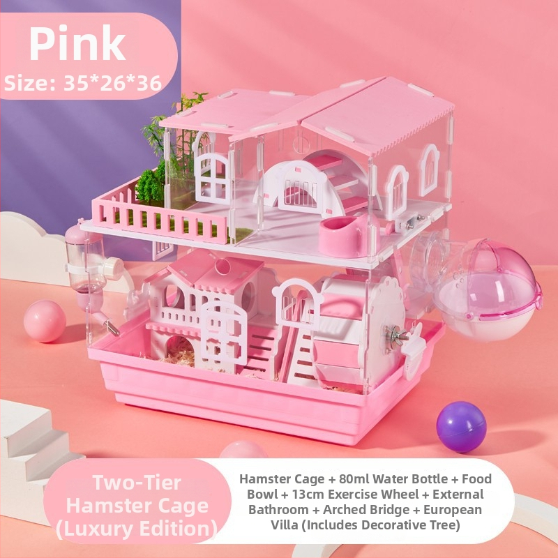 Klietka pre hamstera s dvoj- a trojposchodovým dizajnom, panoramatické priehľadné steny, guľatý tvar, z plastu.