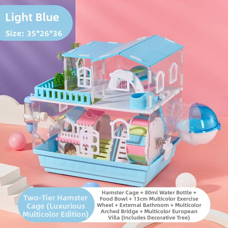 Klietka pre hamstera s dvoj- a trojposchodovým dizajnom, panoramatické priehľadné steny, guľatý tvar, z plastu.