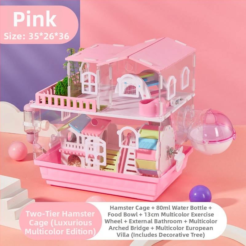 Klietka pre hamstera s dvoj- a trojposchodovým dizajnom, panoramatické priehľadné steny, guľatý tvar, z plastu.