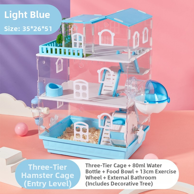 Klietka pre hamstera s dvoj- a trojposchodovým dizajnom, panoramatické priehľadné steny, guľatý tvar, z plastu.