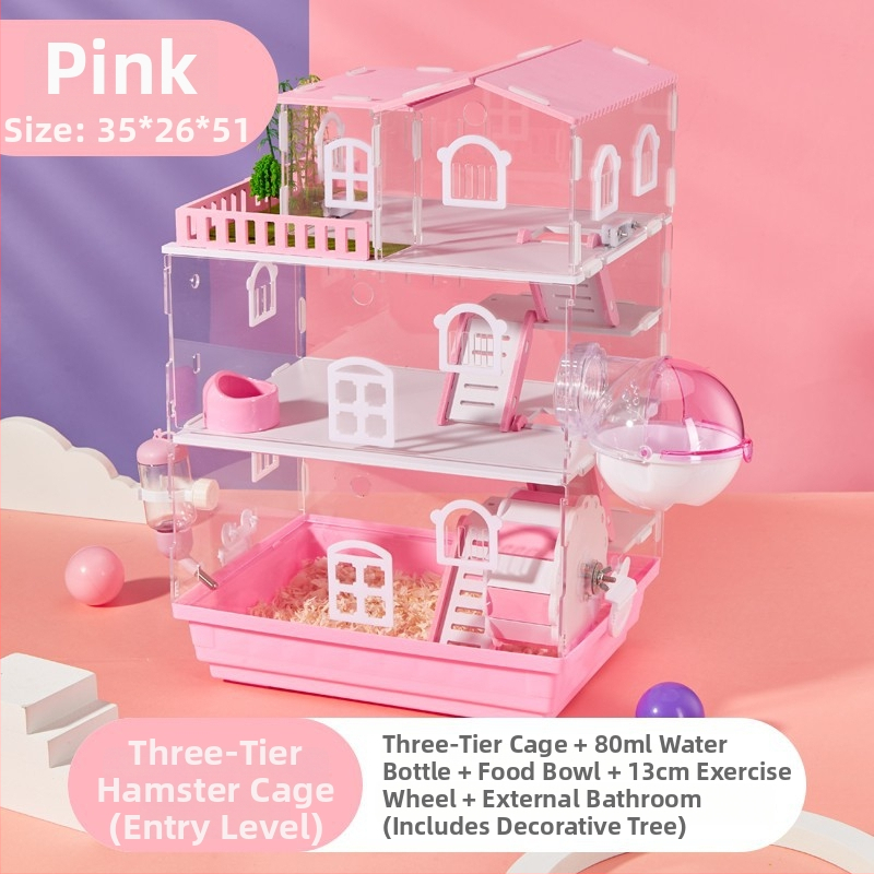 Klietka pre hamstera s dvoj- a trojposchodovým dizajnom, panoramatické priehľadné steny, guľatý tvar, z plastu.