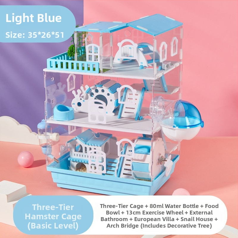 Klietka pre hamstera s dvoj- a trojposchodovým dizajnom, panoramatické priehľadné steny, guľatý tvar, z plastu.