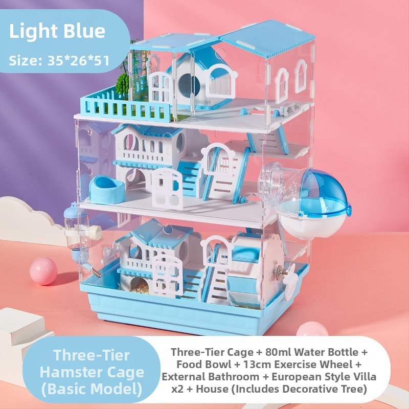 Klietka pre hamstera s dvoj- a trojposchodovým dizajnom, panoramatické priehľadné steny, guľatý tvar, z plastu.