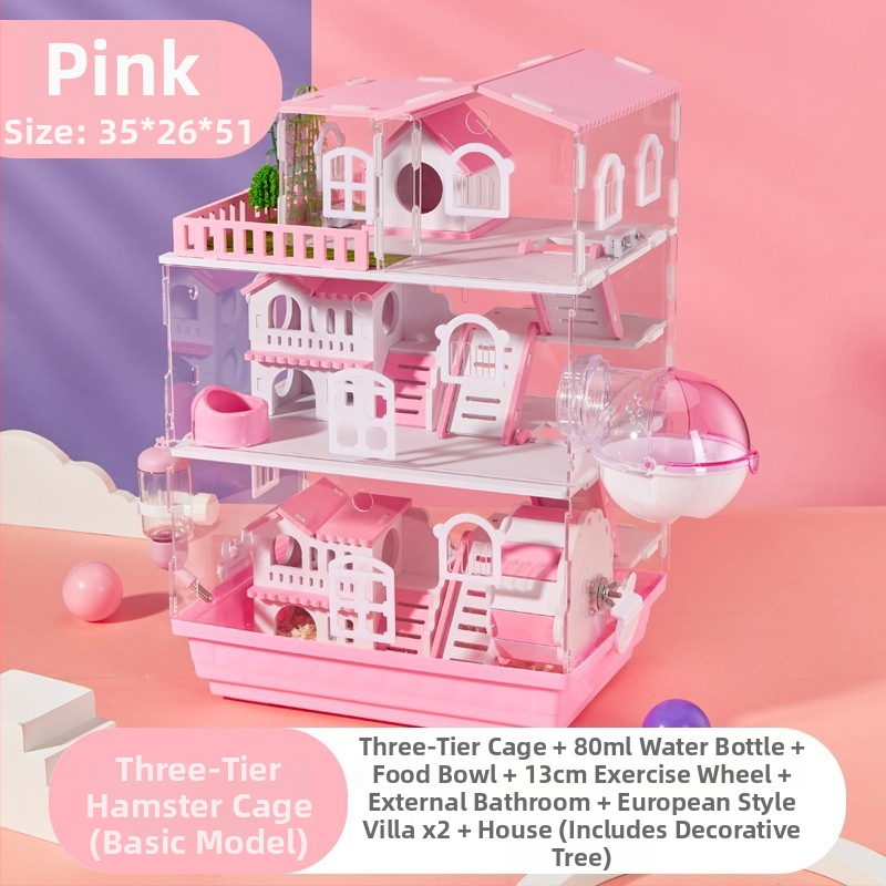 Klietka pre hamstera s dvoj- a trojposchodovým dizajnom, panoramatické priehľadné steny, guľatý tvar, z plastu.