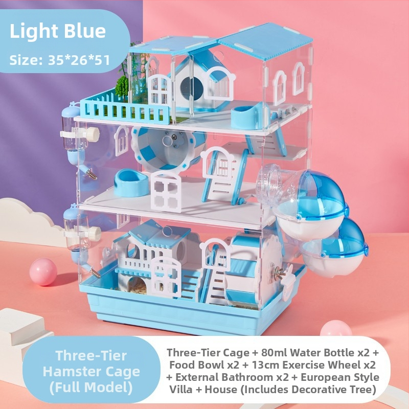 Klietka pre hamstera s dvoj- a trojposchodovým dizajnom, panoramatické priehľadné steny, guľatý tvar, z plastu.