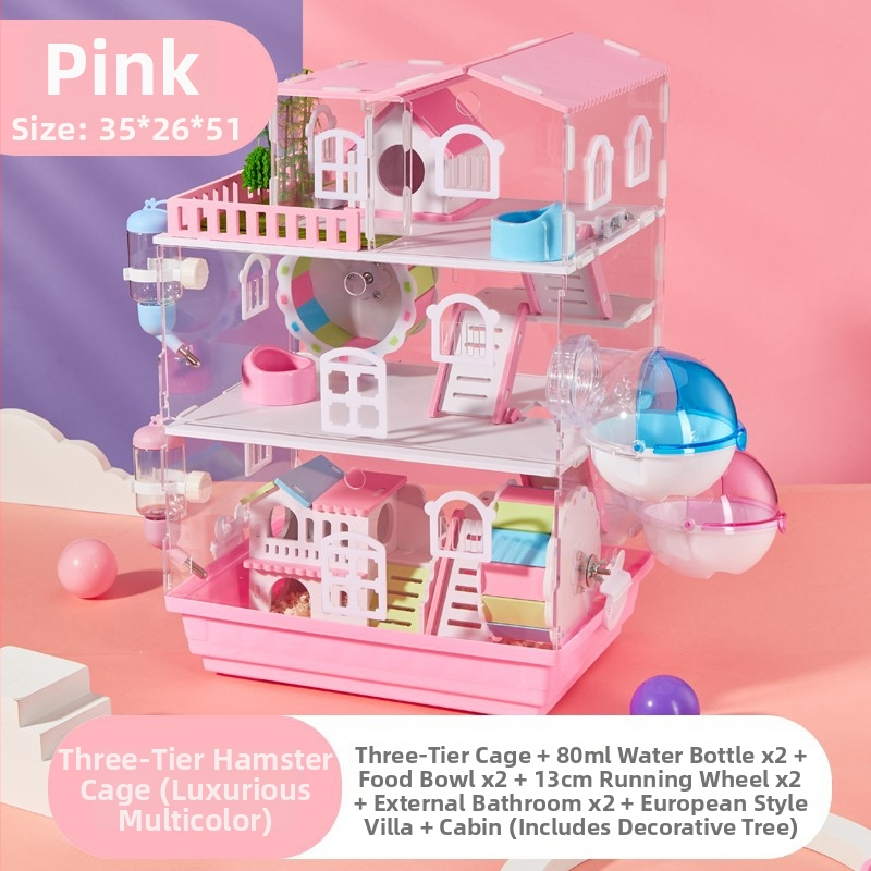 Klietka pre hamstera s dvoj- a trojposchodovým dizajnom, panoramatické priehľadné steny, guľatý tvar, z plastu.