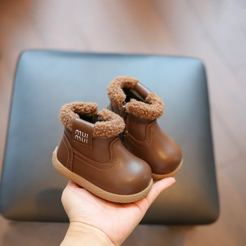 Gyerekeknek készült bőrből készült bakancsok, magas szárú, oldalsó cipzárral, mikroszálas bőr, csúszásmentes és melegen tartó, 6–36 hónapos korosztálynak