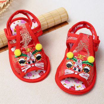 Sandale de vară pentru copii, cu cap de tigru brodat, partea superioară din mătase, închidere Velcro, talpă antiderapantă, pentru copii 1–3 ani.