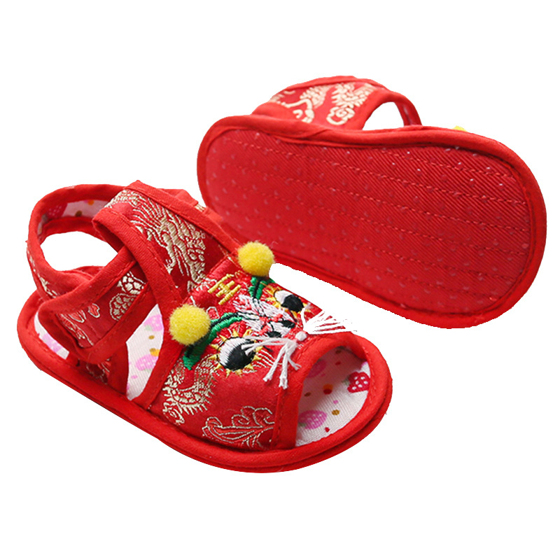 Sandale de vară pentru copii, cu cap de tigru brodat, partea superioară din mătase, închidere Velcro, talpă antiderapantă, pentru copii 1–3 ani.