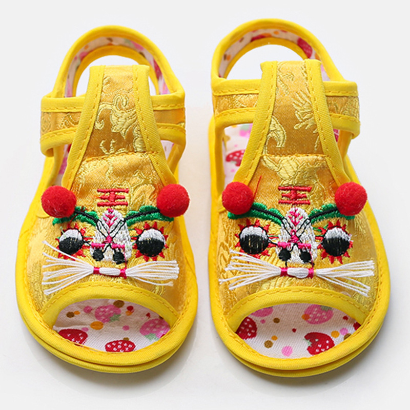 Sandale de vară pentru copii, cu cap de tigru brodat, partea superioară din mătase, închidere Velcro, talpă antiderapantă, pentru copii 1–3 ani.
