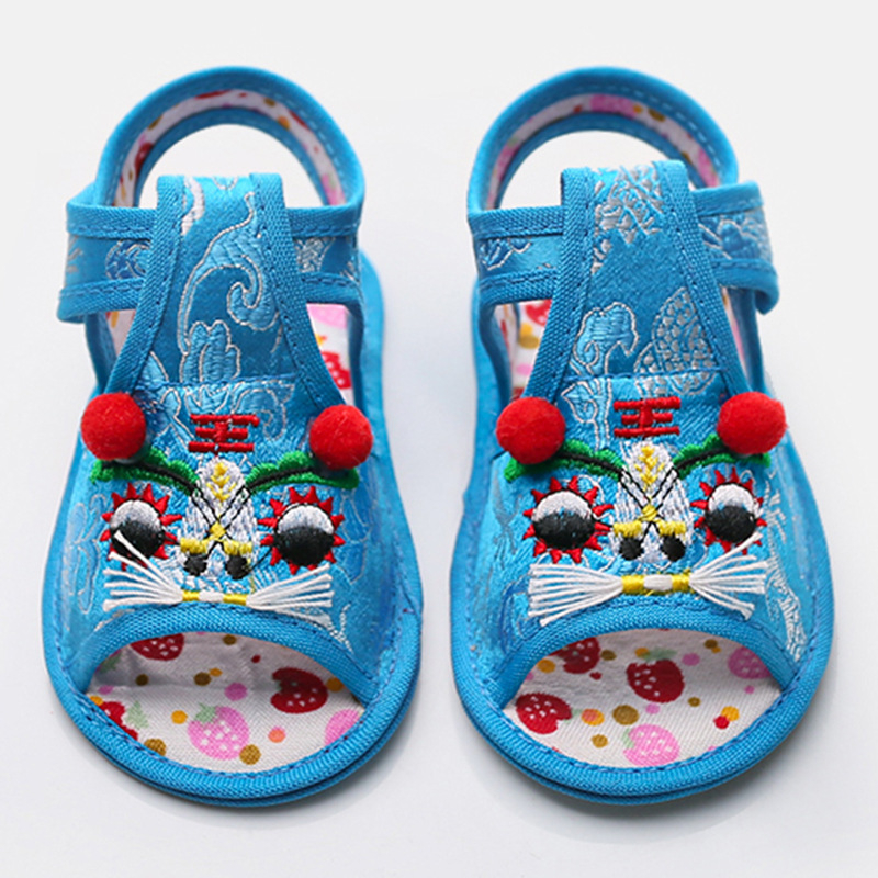 Sandale de vară pentru copii, cu cap de tigru brodat, partea superioară din mătase, închidere Velcro, talpă antiderapantă, pentru copii 1–3 ani.