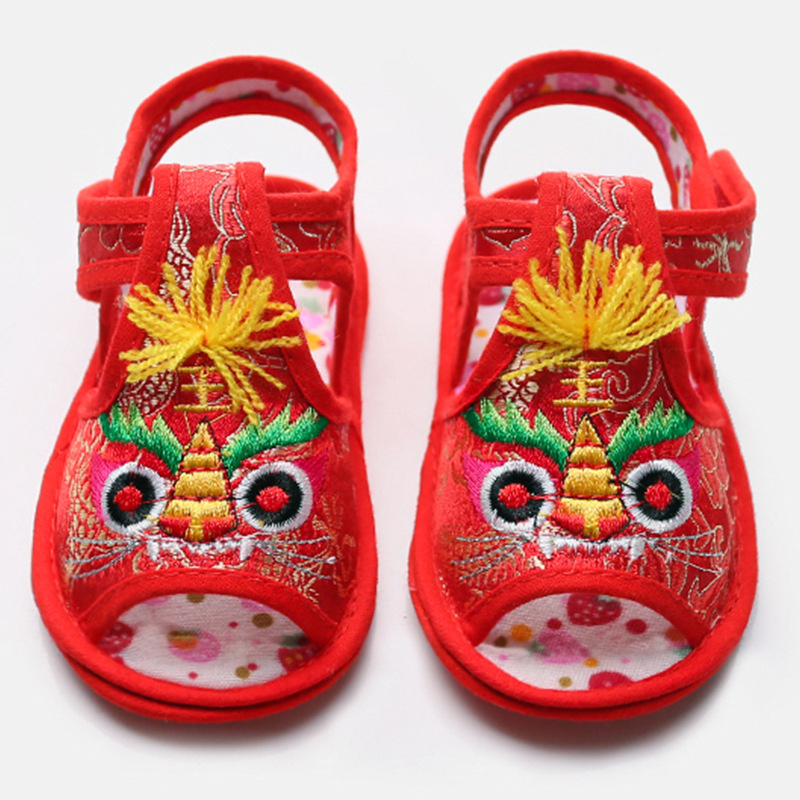 Sandale de vară pentru copii, cu cap de tigru brodat, partea superioară din mătase, închidere Velcro, talpă antiderapantă, pentru copii 1–3 ani.