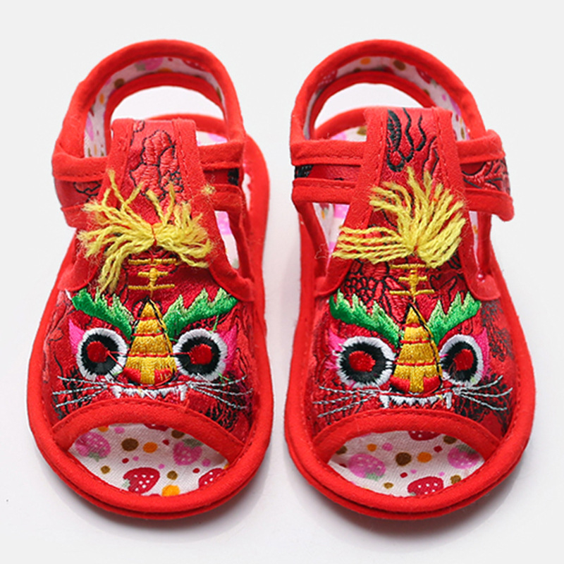 Sandale de vară pentru copii, cu cap de tigru brodat, partea superioară din mătase, închidere Velcro, talpă antiderapantă, pentru copii 1–3 ani.