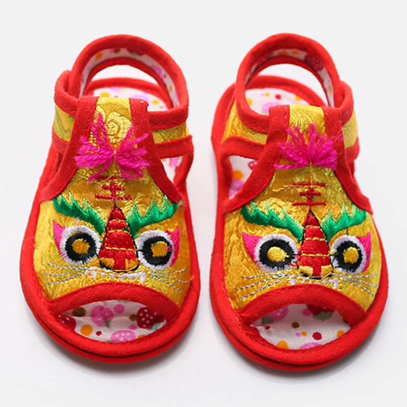 Sandale de vară pentru copii, cu cap de tigru brodat, partea superioară din mătase, închidere Velcro, talpă antiderapantă, pentru copii 1–3 ani.
