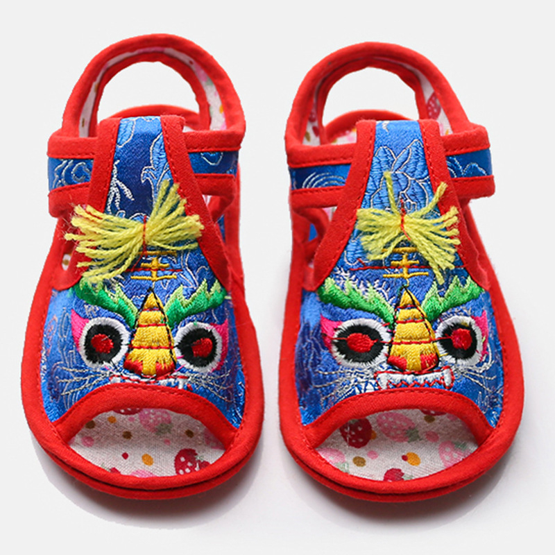 Sandale de vară pentru copii, cu cap de tigru brodat, partea superioară din mătase, închidere Velcro, talpă antiderapantă, pentru copii 1–3 ani.