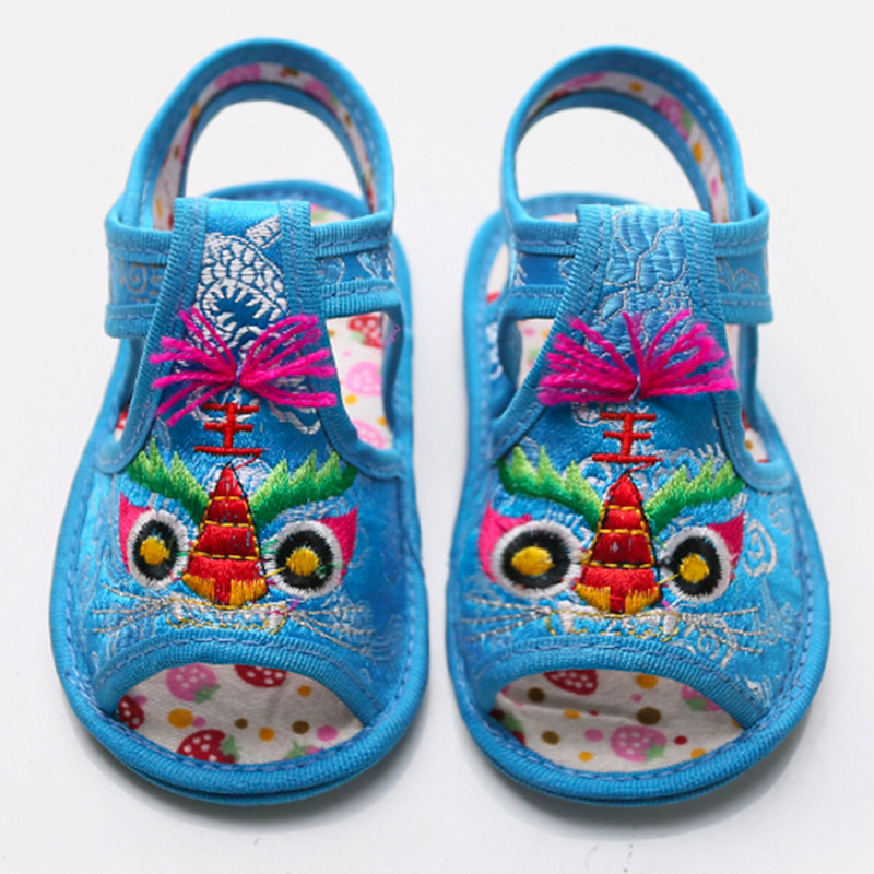 Sandale de vară pentru copii, cu cap de tigru brodat, partea superioară din mătase, închidere Velcro, talpă antiderapantă, pentru copii 1–3 ani.