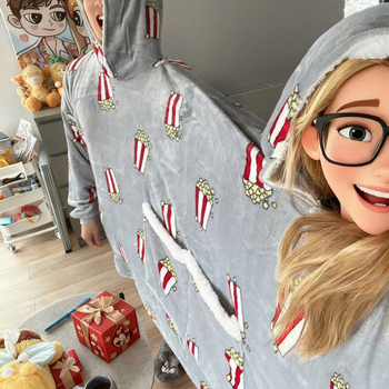 Σετ πιτζάμες για τρία άτομα με κουκούλα και κουβέρτα, εκτύπωση καρτούν, πολυεστέρας, εξαιρετικά παχύ, διπλές τσέπες, μακριές μανίκια, παντελόνια, οικιακή χρήση