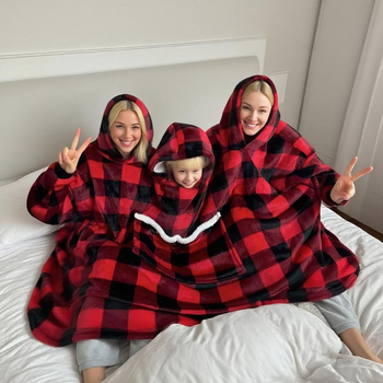 Σετ πιτζάμες για τρία άτομα με κουκούλα και κουβέρτα, εκτύπωση καρτούν, πολυεστέρας, εξαιρετικά παχύ, διπλές τσέπες, μακριές μανίκια, παντελόνια, οικιακή χρήση