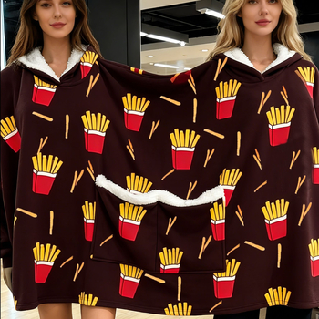 Σετ πιτζάμες για τρία άτομα με κουκούλα και κουβέρτα, εκτύπωση καρτούν, πολυεστέρας, εξαιρετικά παχύ, διπλές τσέπες, μακριές μανίκια, παντελόνια, οικιακή χρήση