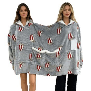 Σετ πιτζάμες για τρία άτομα με κουκούλα και κουβέρτα, εκτύπωση καρτούν, πολυεστέρας, εξαιρετικά παχύ, διπλές τσέπες, μακριές μανίκια, παντελόνια, οικιακή χρήση