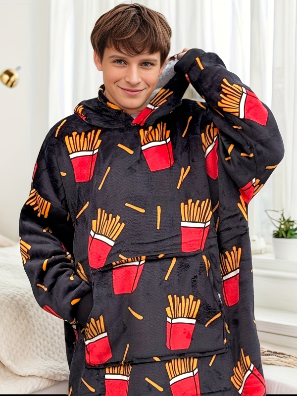 Σετ πιτζάμες για τρία άτομα με κουκούλα και κουβέρτα, εκτύπωση καρτούν, πολυεστέρας, εξαιρετικά παχύ, διπλές τσέπες, μακριές μανίκια, παντελόνια, οικιακή χρήση