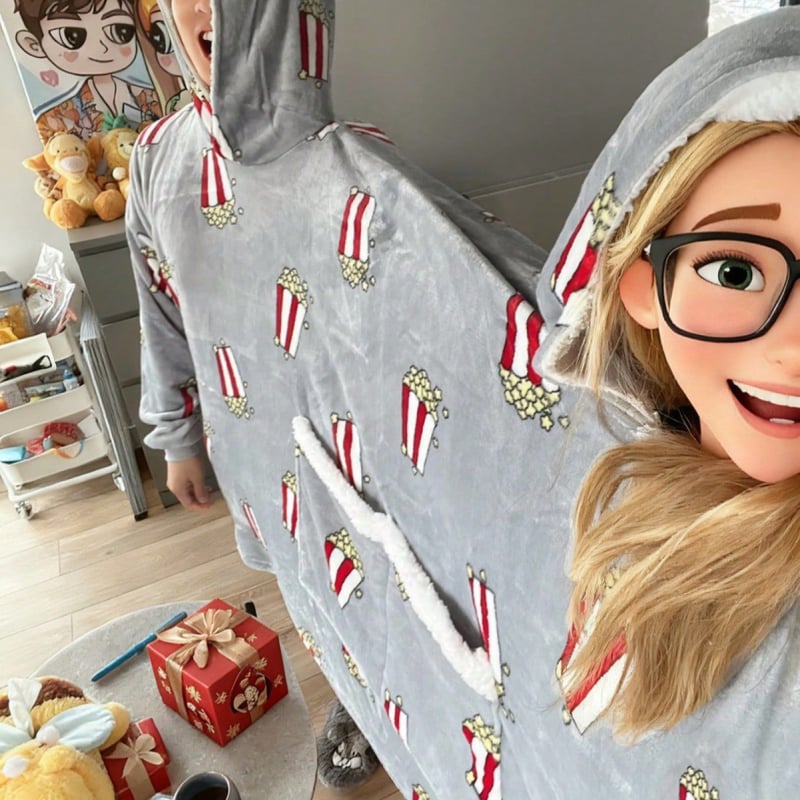 Σετ πιτζάμες για τρία άτομα με κουκούλα και κουβέρτα, εκτύπωση καρτούν, πολυεστέρας, εξαιρετικά παχύ, διπλές τσέπες, μακριές μανίκια, παντελόνια, οικιακή χρήση