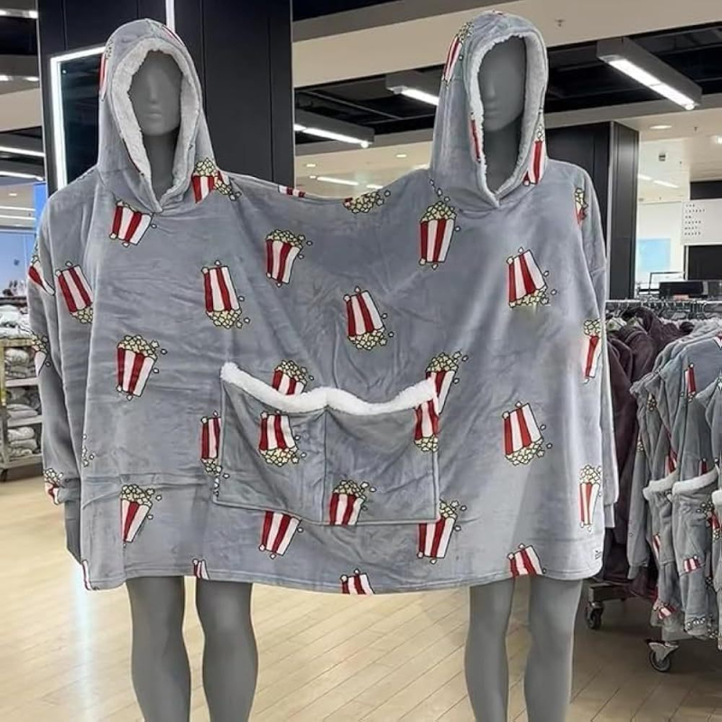 Σετ πιτζάμες για τρία άτομα με κουκούλα και κουβέρτα, εκτύπωση καρτούν, πολυεστέρας, εξαιρετικά παχύ, διπλές τσέπες, μακριές μανίκια, παντελόνια, οικιακή χρήση