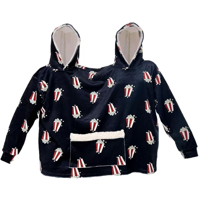 Σετ πιτζάμες για τρία άτομα με κουκούλα και κουβέρτα, εκτύπωση καρτούν, πολυεστέρας, εξαιρετικά παχύ, διπλές τσέπες, μακριές μανίκια, παντελόνια, οικιακή χρήση