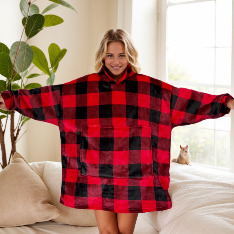 Σετ πιτζάμες για τρία άτομα με κουκούλα και κουβέρτα, εκτύπωση καρτούν, πολυεστέρας, εξαιρετικά παχύ, διπλές τσέπες, μακριές μανίκια, παντελόνια, οικιακή χρήση