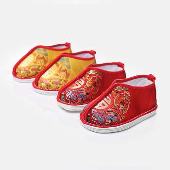 Pantofi Hanfu pentru copii, lucrate manual, talpă cu mai multe straturi, suprafața din mătase, stil etnic, model Cele Cinci Binecuvântări, pentru copii 1-3 ani