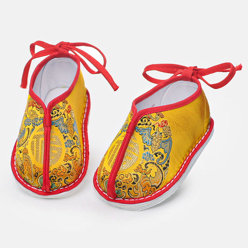 Pantofi Hanfu pentru copii, lucrate manual, talpă cu mai multe straturi, suprafața din mătase, stil etnic, model Cele Cinci Binecuvântări, pentru copii 1-3 ani