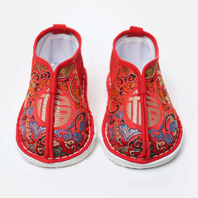 Pantofi Hanfu pentru copii, lucrate manual, talpă cu mai multe straturi, suprafața din mătase, stil etnic, model Cele Cinci Binecuvântări, pentru copii 1-3 ani