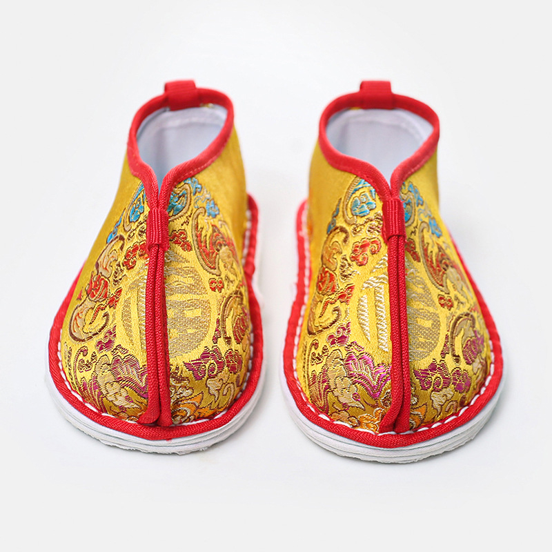 Pantofi Hanfu pentru copii, lucrate manual, talpă cu mai multe straturi, suprafața din mătase, stil etnic, model Cele Cinci Binecuvântări, pentru copii 1-3 ani